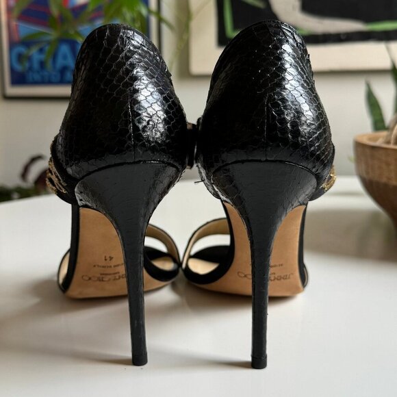 Jimmy Choo Black Satin Tallow Gold Sequin Open Toe Heel Sandals 41 - Picture 4 of 7